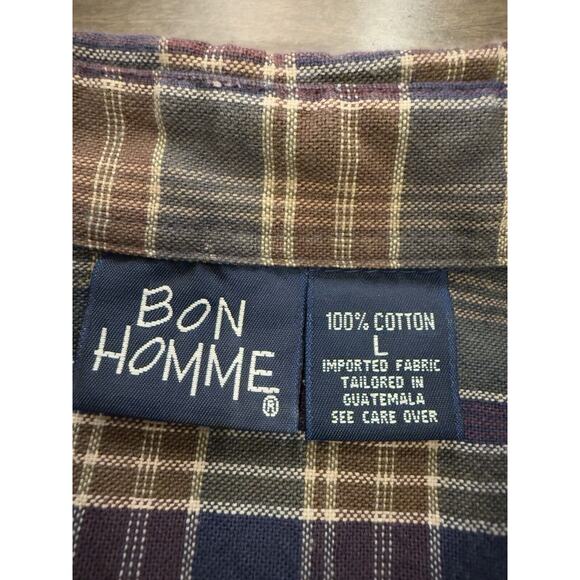 Vintage Bon Homme Mens Brown Blue Plaid Button Up Short Sleeve Shirt Size L - Picture 6 of 8